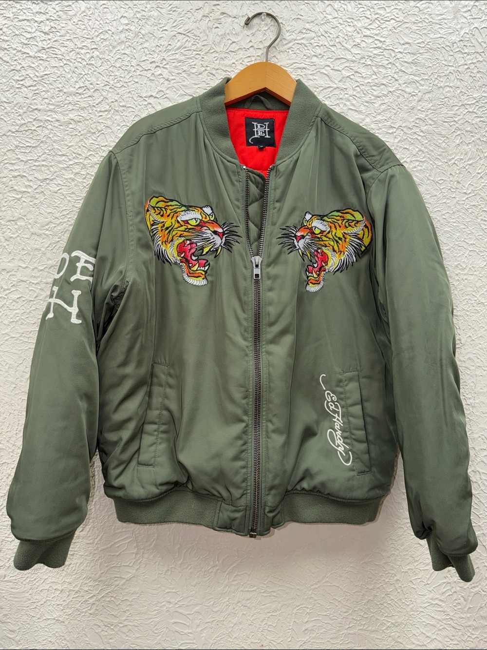 Ed Hardy Olive Green Bomber Jacket with Tiger Embroidery